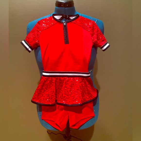 1 piece Black and red Weissman SC dance costume with Sequins. Shorts on bottom. - Picture 2 of 3